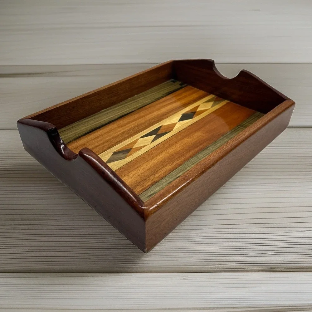 Vintage Signed Jamaican Marquetry Inlay Wood Serving Tray Handmade Jamaica W.I.